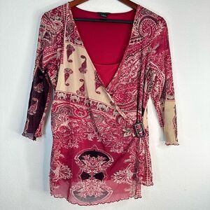 BCBGMAXAZRIA Boho Paisley Y2K Mesh Surplice Top Women Large Nylon Sheer Girlcore